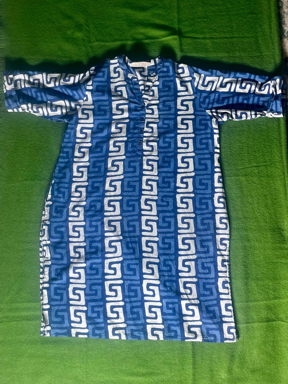 Blue White Greek Key Print Long Tunic Top XXL